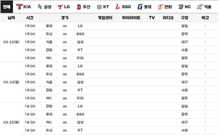 KBO 2025년 3월 경기 일정